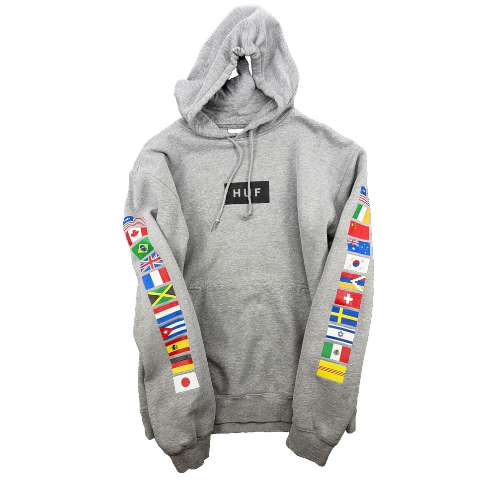 HUF Sweater, Size Medium , Gray, Pullover, Hoodie, Flags on Sleeve